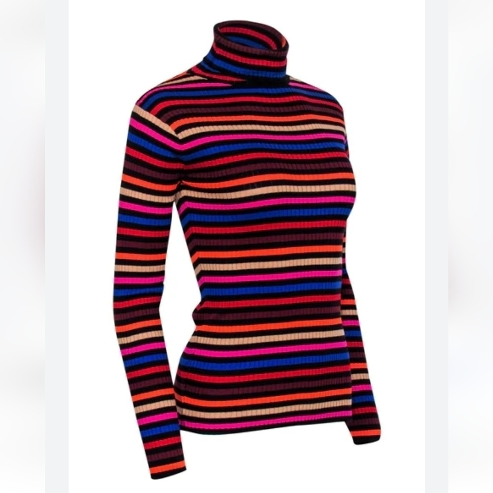Trina Turk - Black & Multicolored Striped Ribbed Turtleneck size large